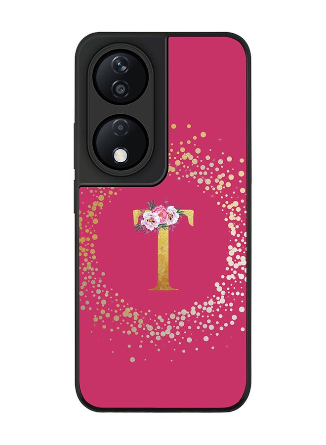 Stylizedd Rugged Black Edge Case for Honor X7b, Slim fit Case Thin Cover- Custom Monogram Initial Letter Floral Pattern Alphabet - T (Deep Pink Rose) - Image 1