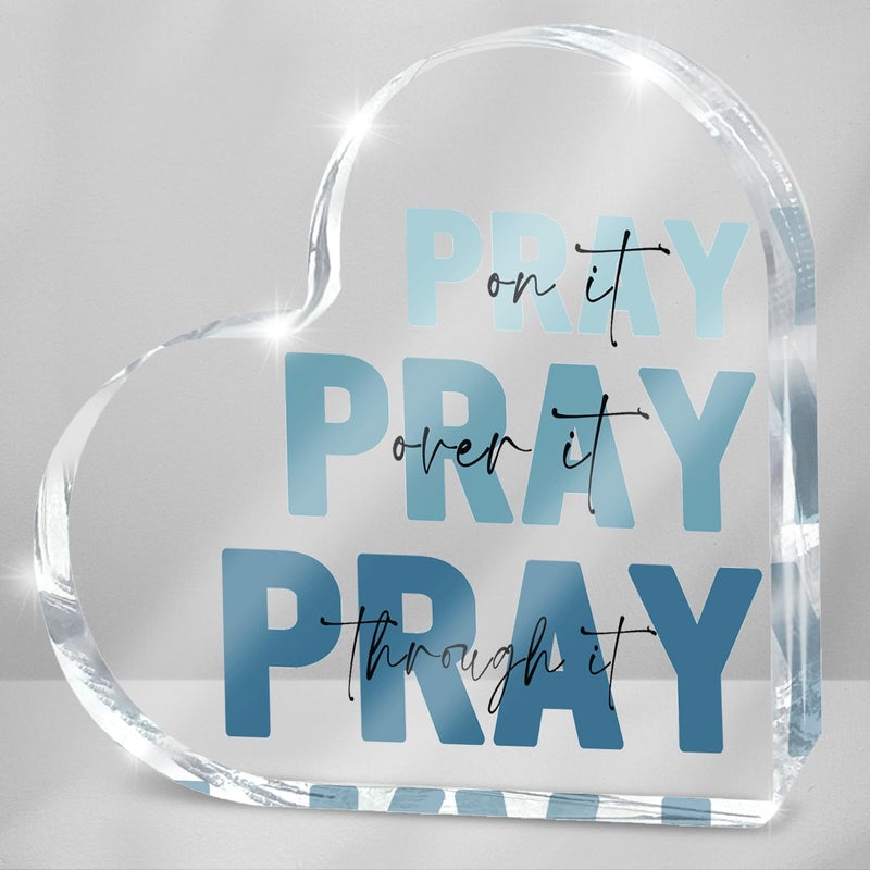 zaxek Religious Plaques Christian Woman Decor Gifts, Blue Prayer Room Decor, Pray On It Pray Over It Acrylic Sign Decorative for Home Pastor Farmhouse Living Room Church Table Desk Bookshelf - Image 1