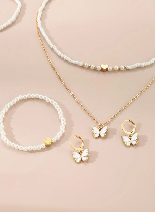 Pack of 5 - Girls White Butterfly Charm Necklace, Bracelet and Earrings