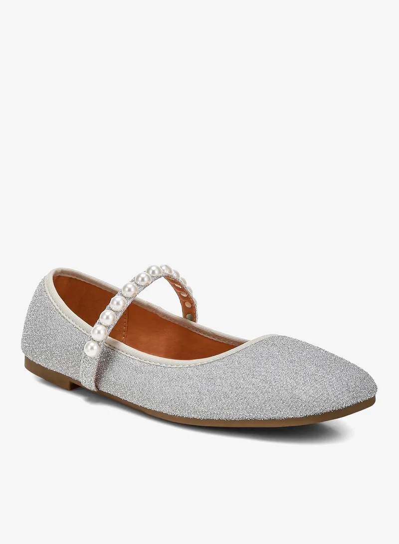 London Rag Silver Pearl Strapped Glitter Ballerinas in Silver for Women | Best Price UAE