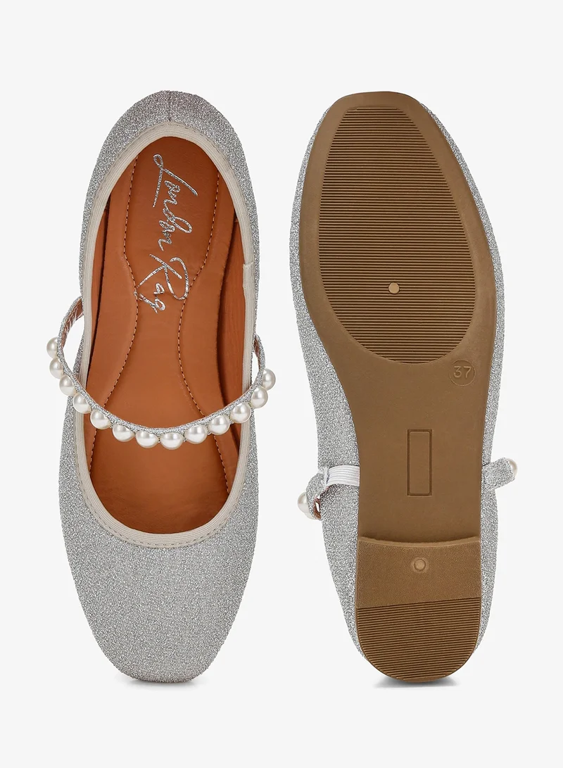 London Rag Silver Pearl Strapped Glitter Ballerinas in Silver for Women | Best Price UAE
