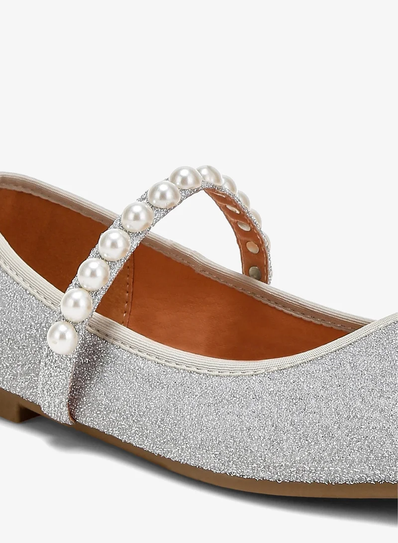 London Rag Silver Pearl Strapped Glitter Ballerinas in Silver for Women | Best Price UAE