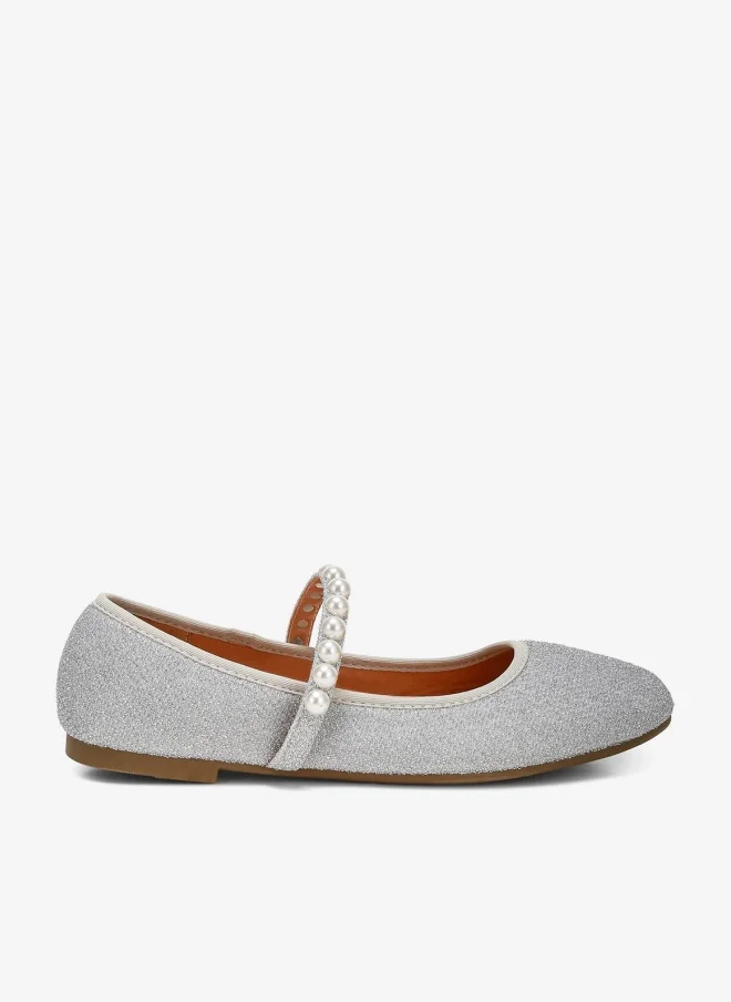 Pearl Strapped Glitter Ballerinas in Silver