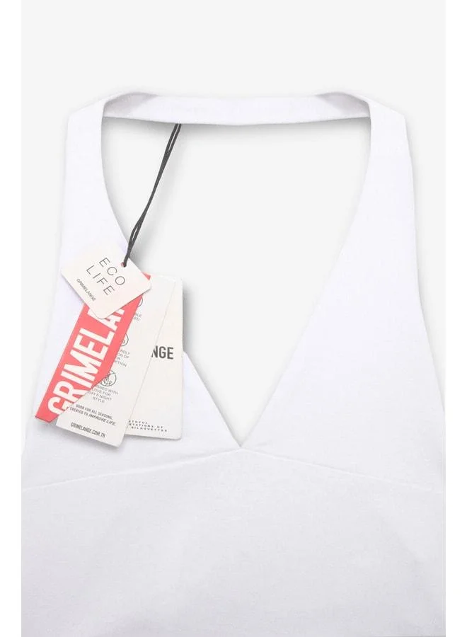 Grimelange MORIENNE Women’s Halter Neck Thick Strappy Open-Back Crop White Blouse.