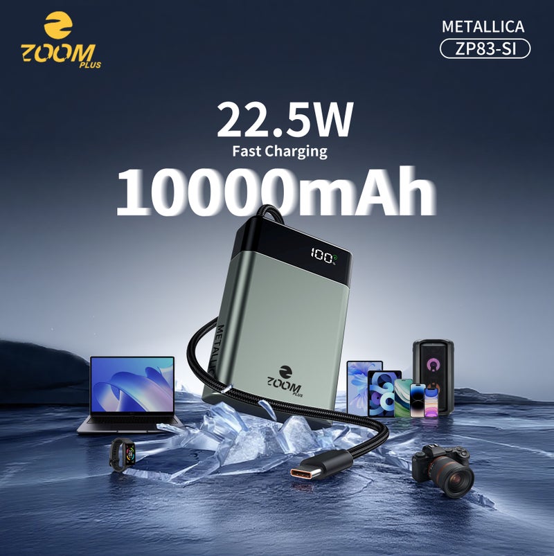 زوم بلس شاحن متنقل ZOOM PLUS METALLICA بسعة 10000 مللي أمبير، يدعم الشحن السريع PD بقوة 22.5 واط - تصميم معدني أنيق، مزود بشاشة LED رقمية، ومنفذ إدخال/إخراج من النوع C، صغير الحجم ومناسب للسفر - موديل ZP83 - Image 1