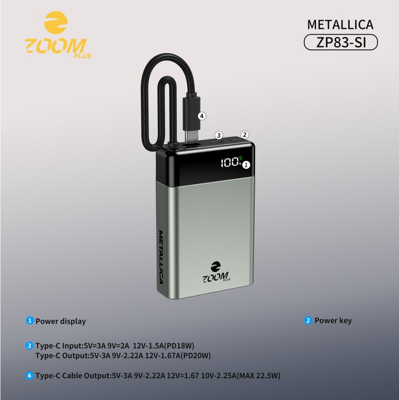 زوم بلس شاحن متنقل ZOOM PLUS METALLICA بسعة 10000 مللي أمبير، يدعم الشحن السريع PD بقوة 22.5 واط - تصميم معدني أنيق، مزود بشاشة LED رقمية، ومنفذ إدخال/إخراج من النوع C، صغير الحجم ومناسب للسفر - موديل ZP83 - Image 3