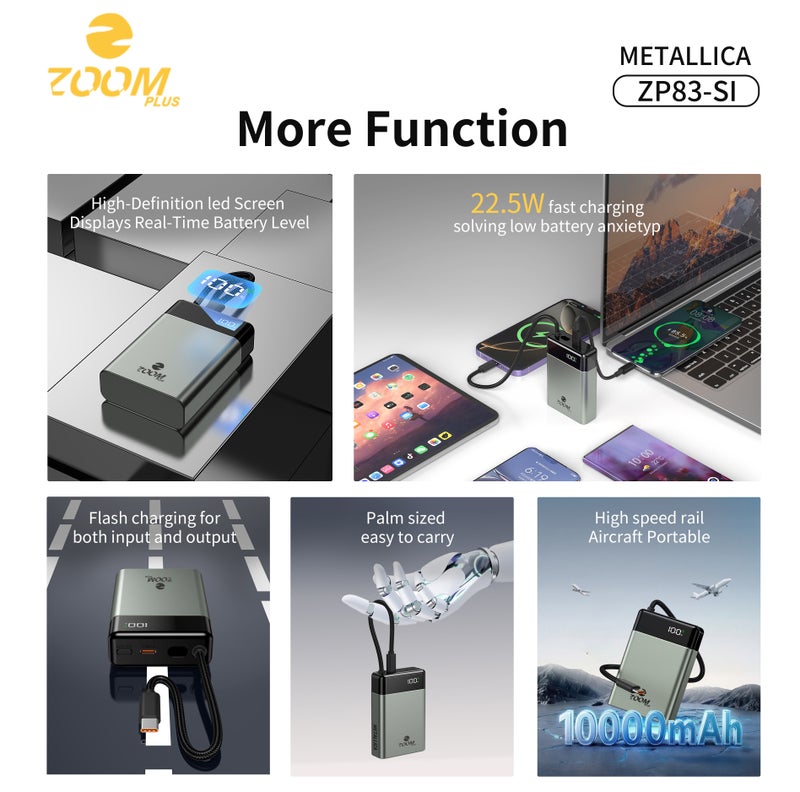 زوم بلس شاحن متنقل ZOOM PLUS METALLICA بسعة 10000 مللي أمبير، يدعم الشحن السريع PD بقوة 22.5 واط - تصميم معدني أنيق، مزود بشاشة LED رقمية، ومنفذ إدخال/إخراج من النوع C، صغير الحجم ومناسب للسفر - موديل ZP83 - Image 2