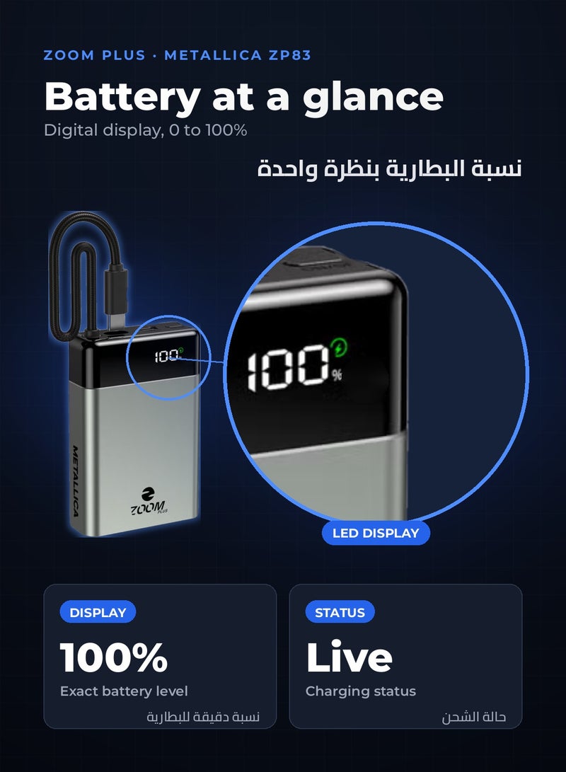 ZOOM PLUS METALLICA 10000mAh Power Bank, 22.5W PD Fast Charging with Built-in USB-C Cable, USB-C Input/Output, LED Digital Display, Metallic Compact Portable Charger (ZP83, Grey) - Image 4