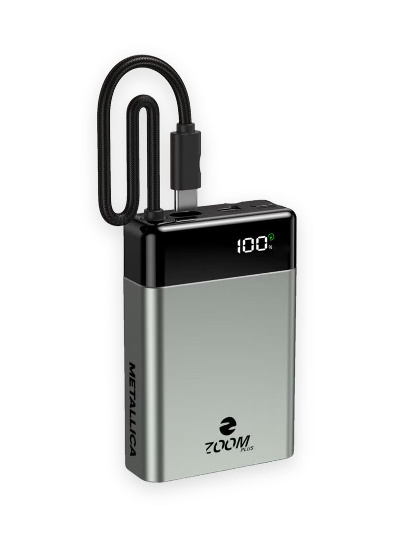 ZOOM PLUS METALLICA 10000mAh Power Bank, 22.5W PD Fast Charging with Built-in USB-C Cable, USB-C Input/Output, LED Digital Display, Metallic Compact Portable Charger (ZP83, Grey) - Image 1