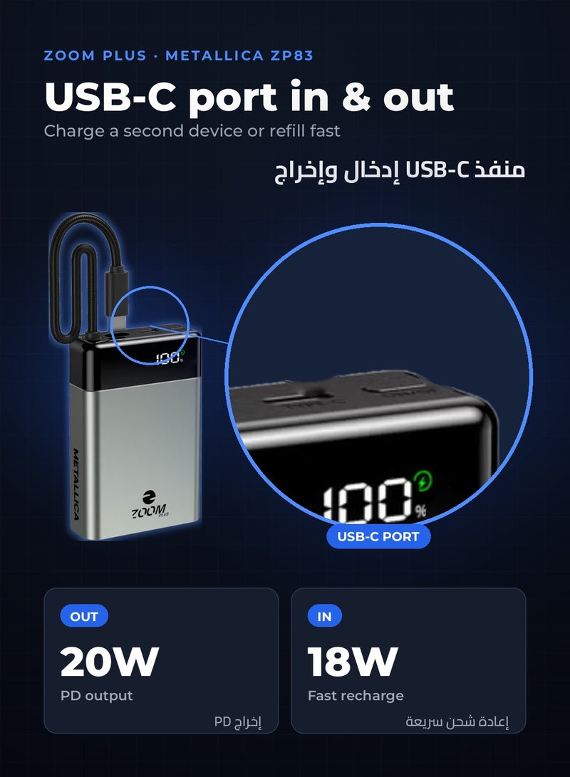 ZOOM PLUS METALLICA 10000mAh Power Bank, 22.5W PD Fast Charging with Built-in USB-C Cable, USB-C Input/Output, LED Digital Display, Metallic Compact Portable Charger (ZP83, Grey) - Image 5