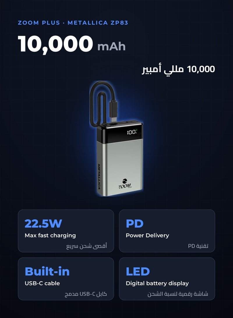 ZOOM PLUS METALLICA 10000mAh Power Bank, 22.5W PD Fast Charging with Built-in USB-C Cable, USB-C Input/Output, LED Digital Display, Metallic Compact Portable Charger (ZP83, Grey) - Image 2