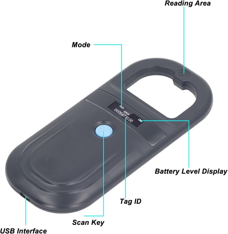aqxreight Animal ID Reader 134 2KHz ISO11784 85 FDX B EMID Handheld Pet Tag Chip Scanner USB Charging Built in Buzzer Frequency 134 2KHz a Reading of 85 ID Portable Animal ID64 ISO11784 - Image 2