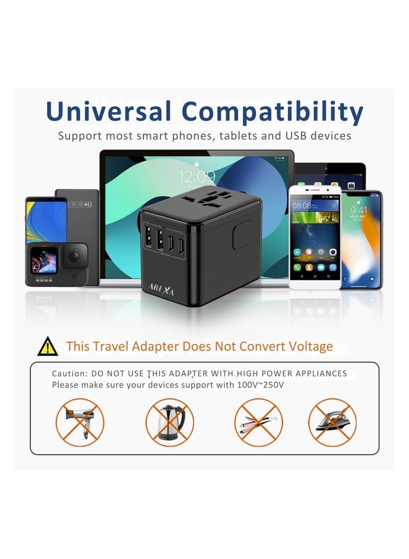 Universal Travel Adapter 5-in-1, Worldwide Plug with 2 USB-C u0026 2 USB-A Ports, 3.5A Fast Charger, Multi-Country Wall Charger for Europe UK USA Asia Australia - Black Power Adapter - Image 3