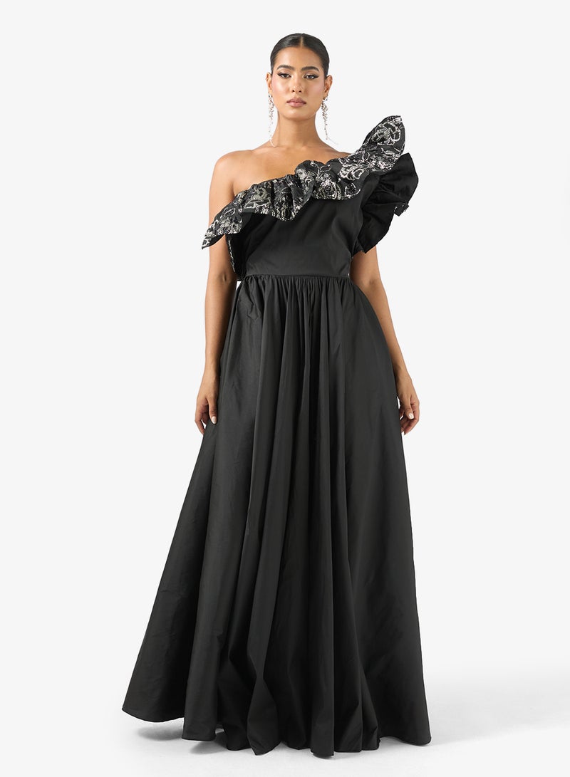 asymmetrical hem cocktail dress Black Strapless Ruffle Asymmetrical Midi Dress main image 1