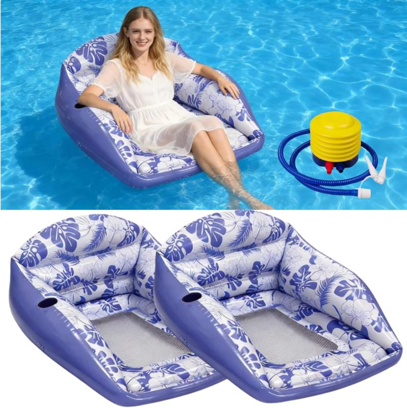 Inflatable Pool Chair 3-in-1 Convertible Lounge Hammock Sofa Float - Ergonomic U-Shape Woven Mesh Seat for Pool Lake River Beach Summer Relaxation Purple - Image 2