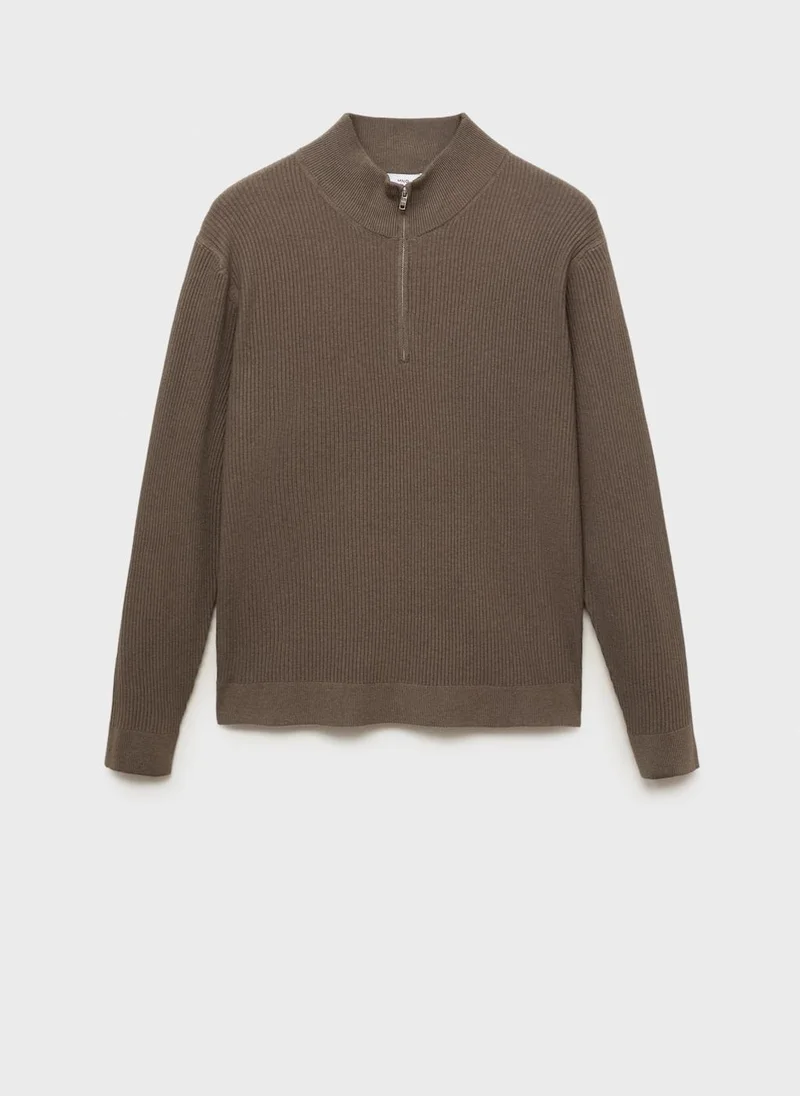 Mango Man Ribbed sweater with zip neck