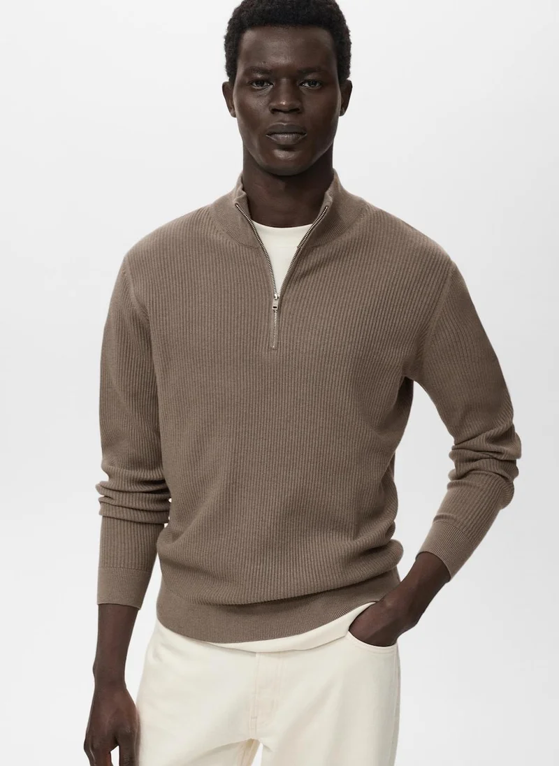 Mango Man Ribbed sweater with zip neck