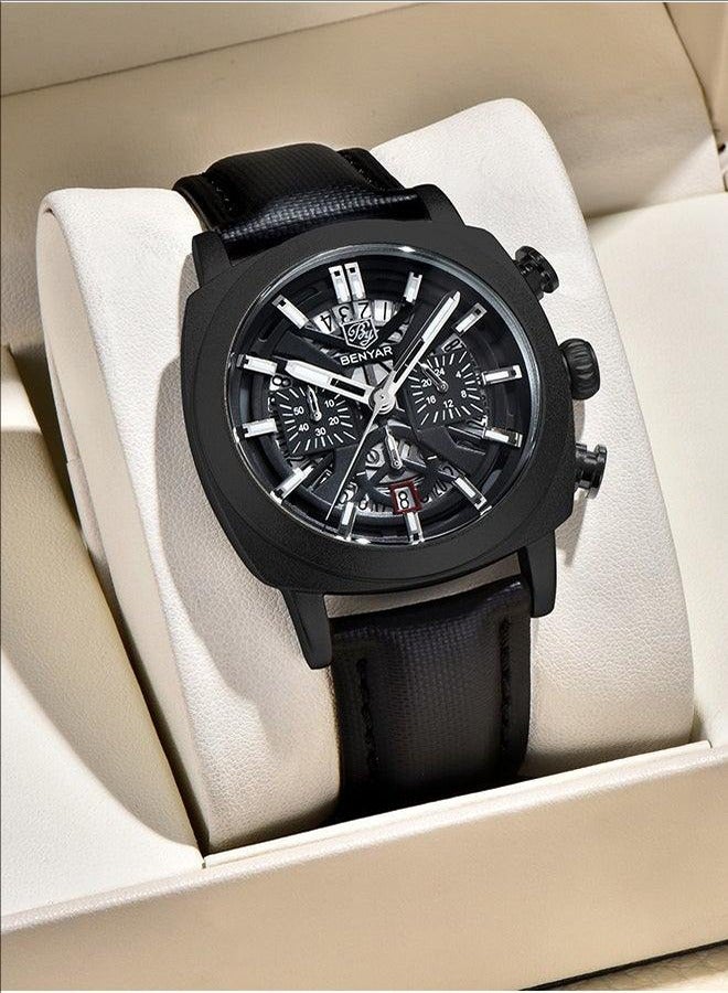 BENYAR Men's High-end Business Watch Quartz Movement Chronograph Waterproof Watch Leather Strap Hollow Dial Design Luminous Hands, BY-5205 All Black - Image 1