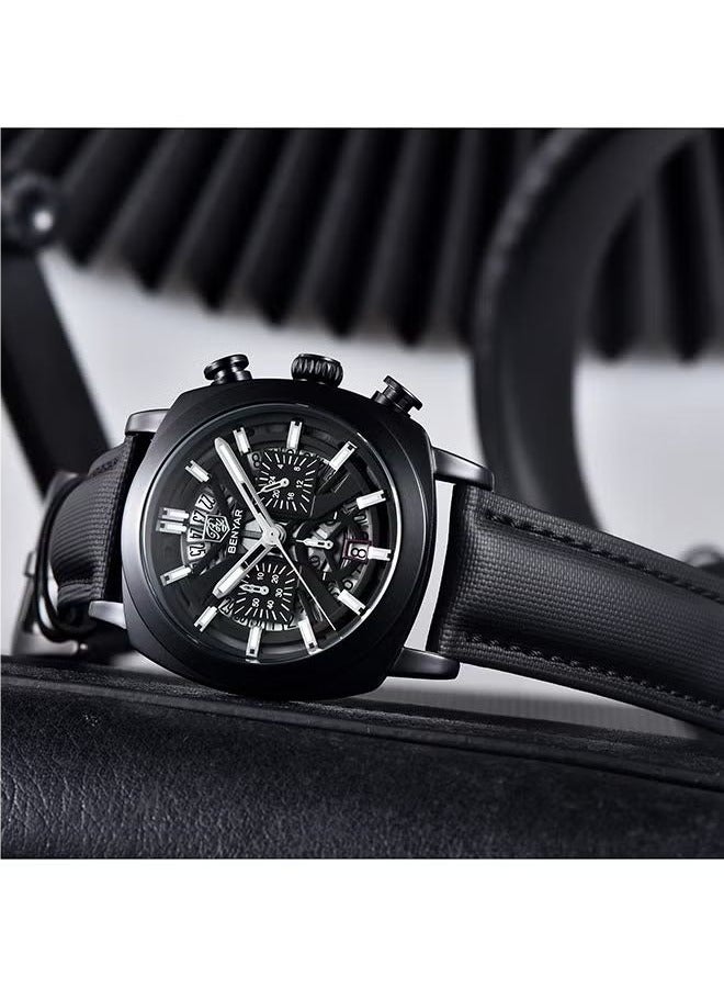 BENYAR Men's High-end Business Watch Quartz Movement Chronograph Waterproof Watch Leather Strap Hollow Dial Design Luminous Hands, BY-5205 All Black - Image 5