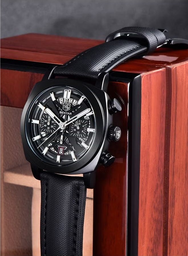 BENYAR Men's High-end Business Watch Quartz Movement Chronograph Waterproof Watch Leather Strap Hollow Dial Design Luminous Hands, BY-5205 All Black - Image 4