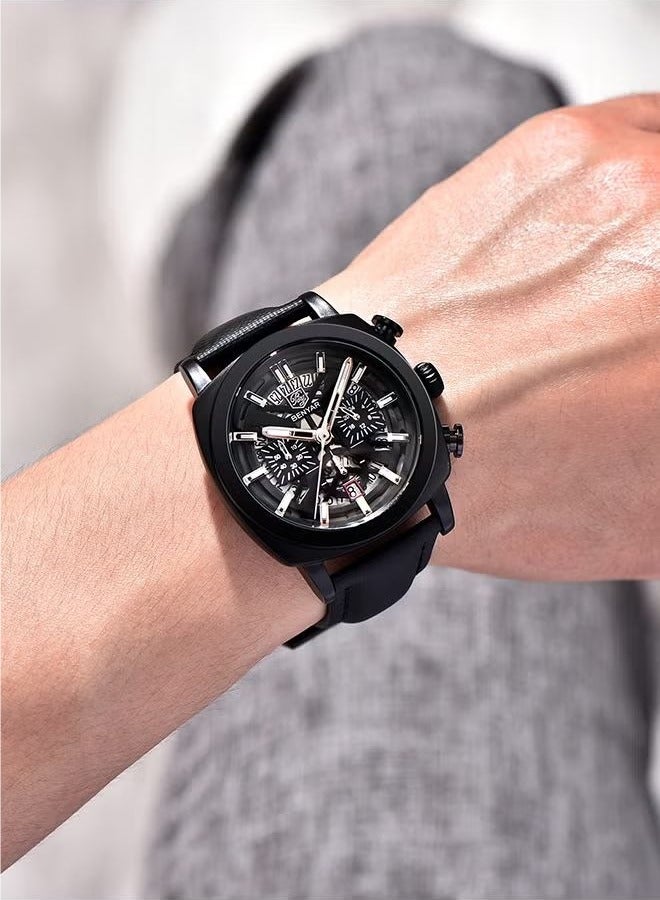BENYAR Men's High-end Business Watch Quartz Movement Chronograph Waterproof Watch Leather Strap Hollow Dial Design Luminous Hands, BY-5205 All Black - Image 2