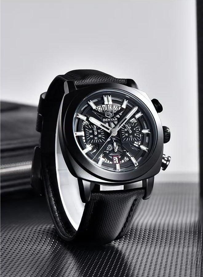 BENYAR Men's High-end Business Watch Quartz Movement Chronograph Waterproof Watch Leather Strap Hollow Dial Design Luminous Hands, BY-5205 All Black - Image 3