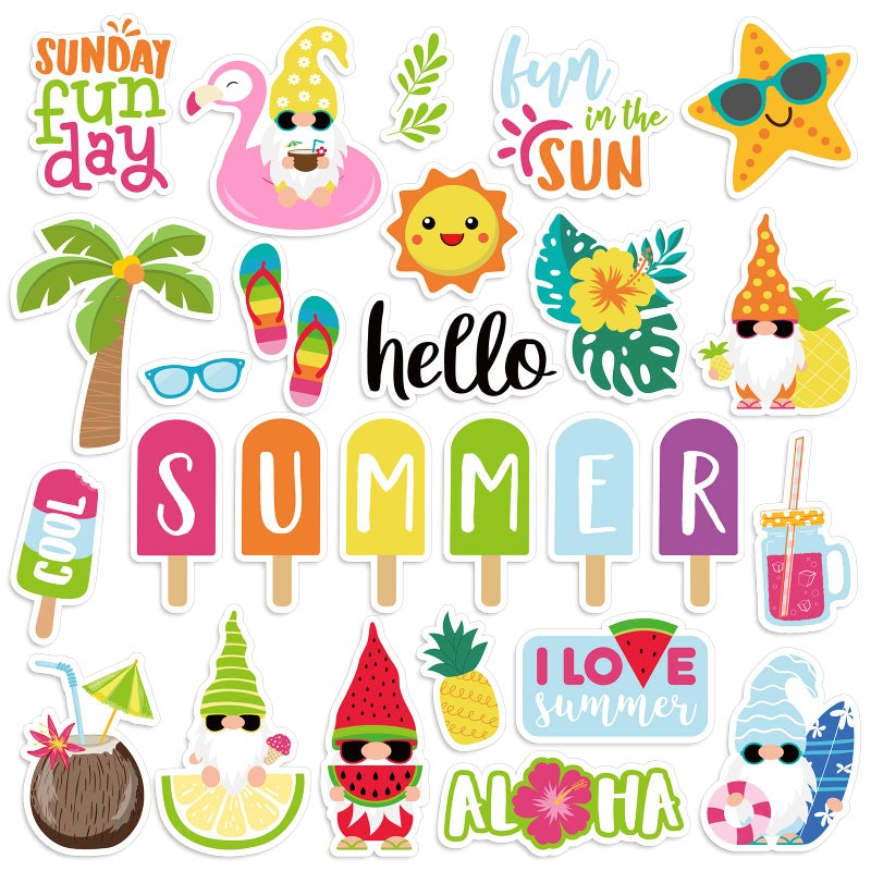 AnyDesign 54Pcs Summer Cutouts 27 Designs Tropical Hawaiian Paper Cut Outs with 100Pcs Glue Point Popsicle Gnome Fruit Aloha Theme CutOuts Back to School Bulletin Board Decor for Classroom Party