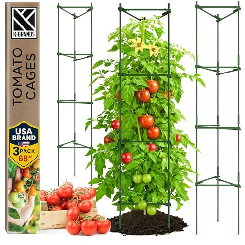 K-Brands Tomato Cage - Tomatoes Plant Stakes Support Cages Trellis for Garden and Pots (3 Pack - Extra Tall Upto 68 inches) - Image 1