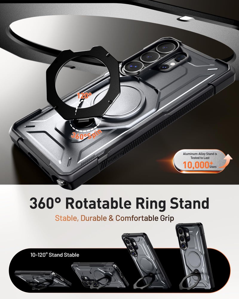 Poetic for Galaxy S26 Ultra Case | 360Â° Rotate Magnetic Ring Kickstand | Compatible with MagSafe | Military Grade Drop Proof Protection Cover | 2 Tempered Glass Screen Protector | Metallic Gun Metal - Image 3