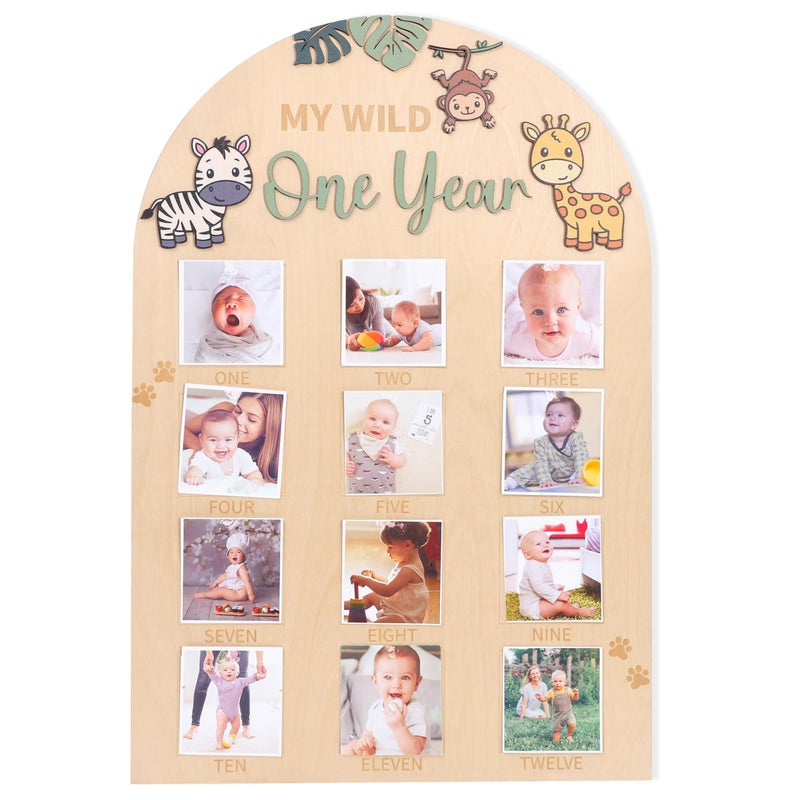 LINGANA My Wild One Year Photo Board - Jungle Safari 1st Birthday Decorations,Animals 1 to 12 Months Photo Wooden Board,Woodland Monthly Photos Display Sign,Wildlife First Year Milestone Photos - Image 1
