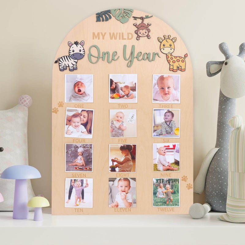 LINGANA My Wild One Year Photo Board - Jungle Safari 1st Birthday Decorations,Animals 1 to 12 Months Photo Wooden Board,Woodland Monthly Photos Display Sign,Wildlife First Year Milestone Photos - Image 2
