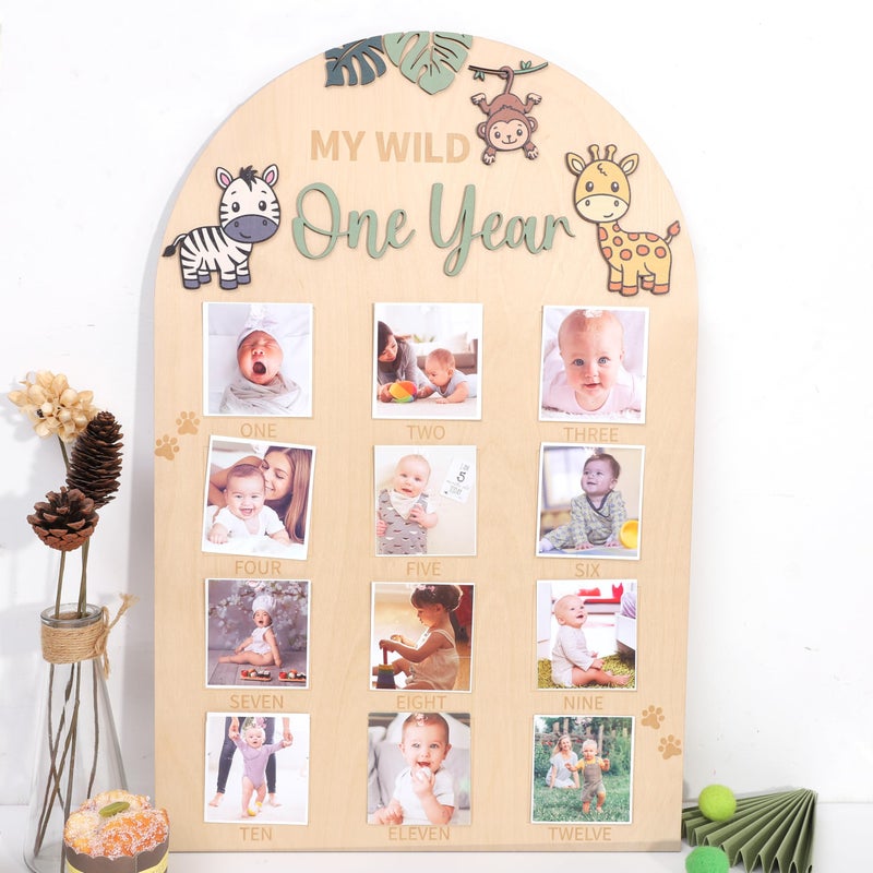 LINGANA My Wild One Year Photo Board - Jungle Safari 1st Birthday Decorations,Animals 1 to 12 Months Photo Wooden Board,Woodland Monthly Photos Display Sign,Wildlife First Year Milestone Photos - Image 5