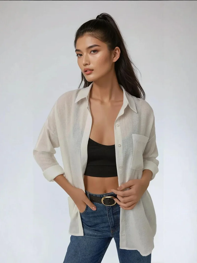 زوبعة قميص بياقة عادية وملمس كتاني