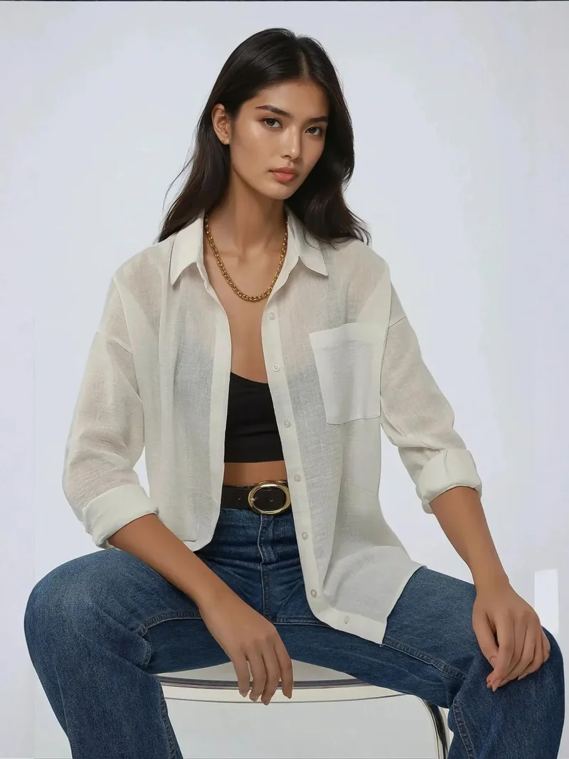 زوبعة قميص بياقة عادية وملمس كتاني