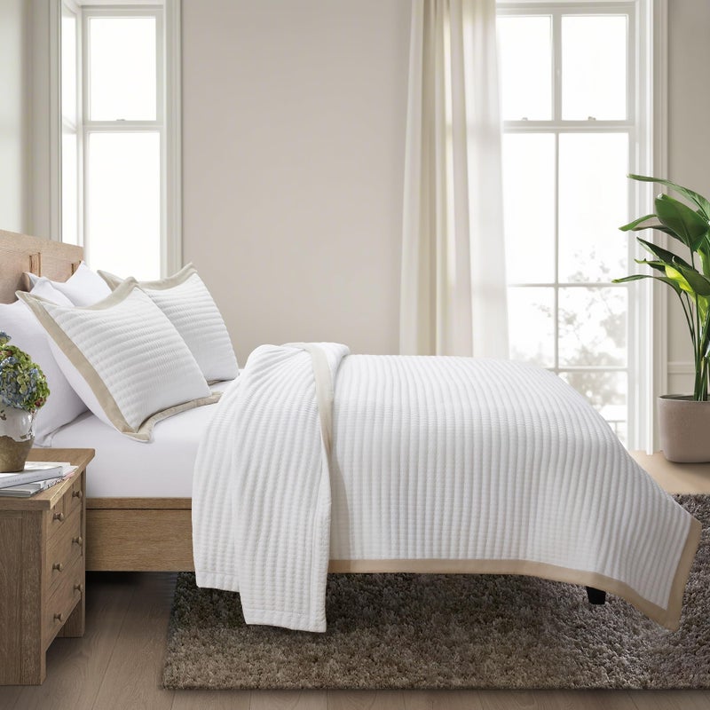 Bonlino White Quilt Set Queen Size - Farmhouse Soft Striped Stitch Bedding Bedspread Coverlet Summer Lightweight Quilt Bed Sets with 2 Pillow Shams for Home All Season with Linen Border - Image 2