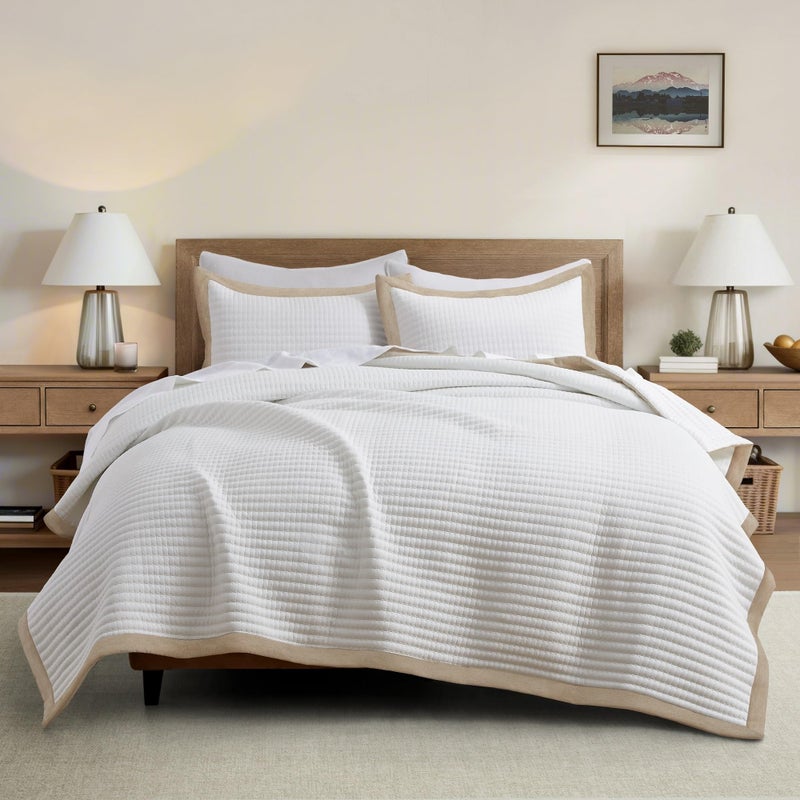 Bonlino White Quilt Set Queen Size - Farmhouse Soft Striped Stitch Bedding Bedspread Coverlet Summer Lightweight Quilt Bed Sets with 2 Pillow Shams for Home All Season with Linen Border - Image 1