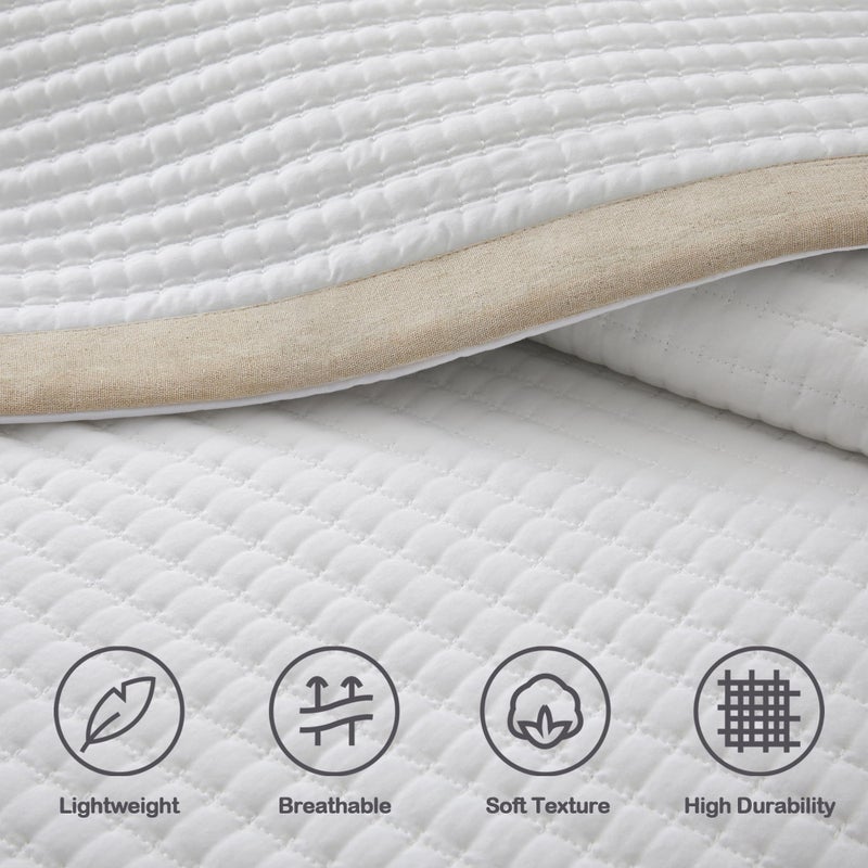 Bonlino White Quilt Set Queen Size - Farmhouse Soft Striped Stitch Bedding Bedspread Coverlet Summer Lightweight Quilt Bed Sets with 2 Pillow Shams for Home All Season with Linen Border - Image 4