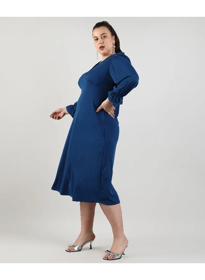 Instafab Plus Women's Indigo Blue Solid Cut-Out Midi Dress For Casual Wear | V Neck | Long Sleeve | Button Closure | Plus-Size Dress Crafted With Comfort With For Everyday Wear