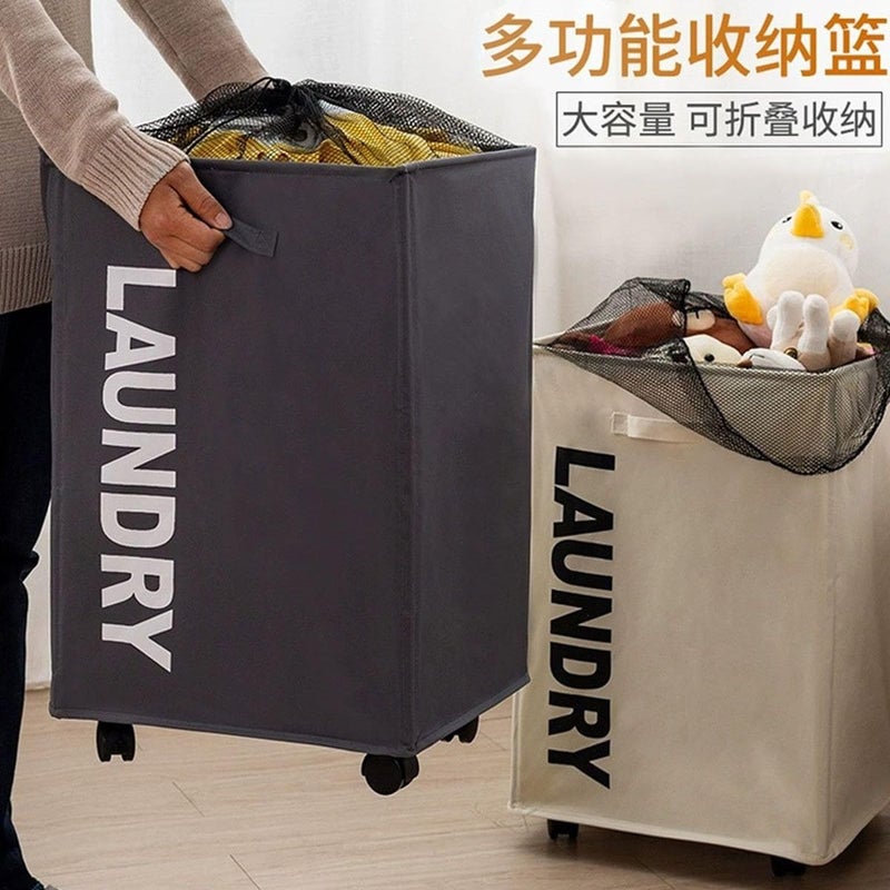 Portable Laundry Basket with Wheels Heavy Fabric Linen Build, Foldable Clothes Hamper with Easy Grip Handle, Rolling Laundry Organizer for Home Dorm and Small Space Storage - Image 2