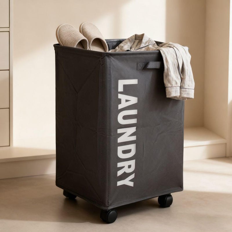 Portable Laundry Basket with Wheels Heavy Fabric Linen Build, Foldable Clothes Hamper with Easy Grip Handle, Rolling Laundry Organizer for Home Dorm and Small Space Storage - Image 1