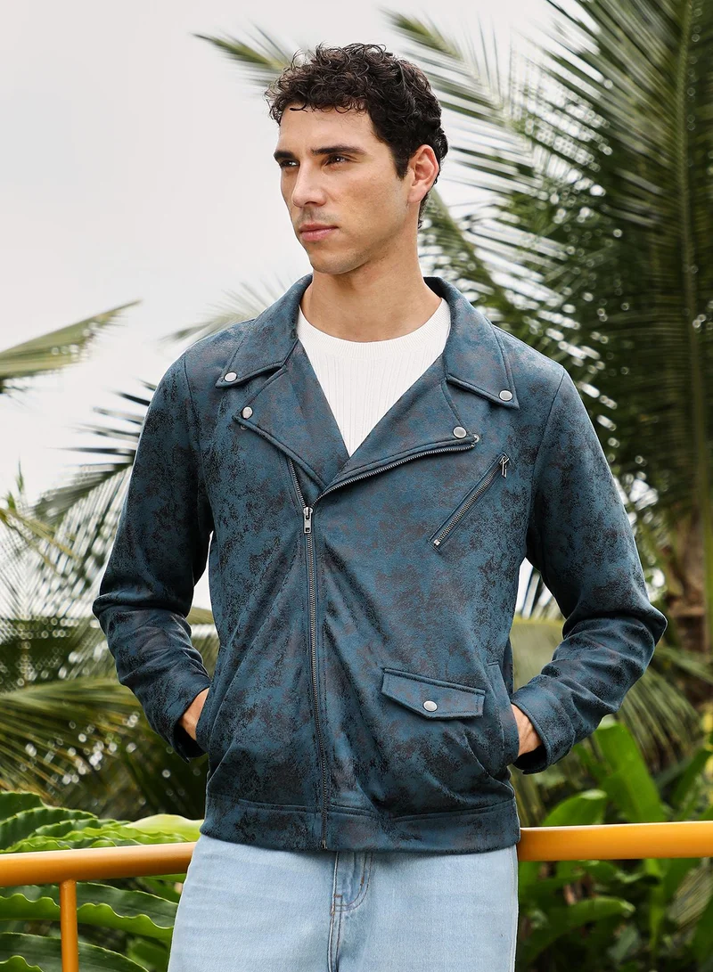 كامبوس سوترا Men Embossed-Suede Biker Jacket | ,   |  ,  Hem |  Embossed | Woven Fabric For  Wear | Midnight Blue