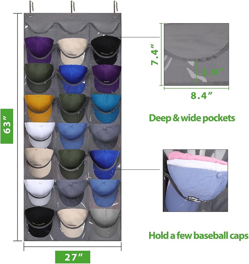 Dofilachy Hat Rack - Hat Organizer - Hat Racks for Baseball Caps, Visible Hat Holder - Baseball Cap Rack for Wall Door with 3 Hooks, 24 Deep Pockets (Dark grey, 1 pack) - Image 5