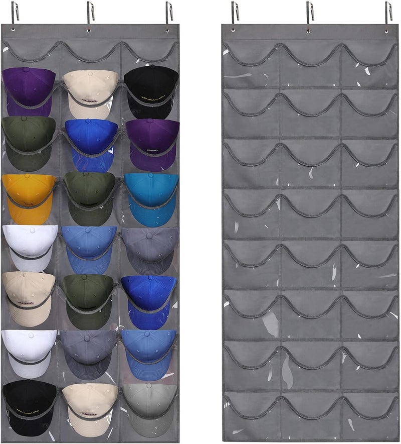 Dofilachy Hat Rack - Hat Organizer - Hat Racks for Baseball Caps, Visible Hat Holder - Baseball Cap Rack for Wall Door with 3 Hooks, 24 Deep Pockets (Dark grey, 1 pack) - Image 1