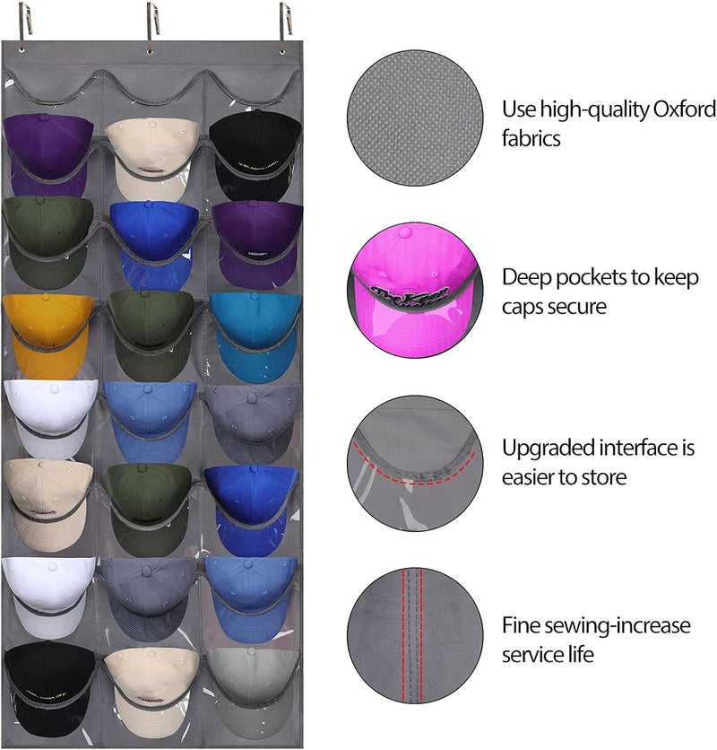 Dofilachy Hat Rack - Hat Organizer - Hat Racks for Baseball Caps, Visible Hat Holder - Baseball Cap Rack for Wall Door with 3 Hooks, 24 Deep Pockets (Dark grey, 1 pack) - Image 2