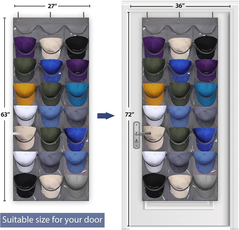 Dofilachy Hat Rack - Hat Organizer - Hat Racks for Baseball Caps, Visible Hat Holder - Baseball Cap Rack for Wall Door with 3 Hooks, 24 Deep Pockets (Dark grey, 1 pack) - Image 3