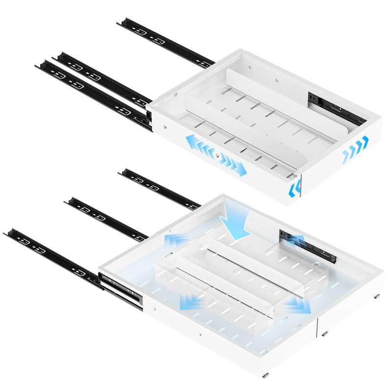 Insputer Pull Out Cabinet Organizer Expandable (12.4"-20.08")W & (16.26"-22.44")D, No Drill Slide Out Drawers with 3 Slide Rails, 2Pcs Magnetic Panel, Adhesive Roll Out Shelf for Kitchen, Pantry White - Image 1