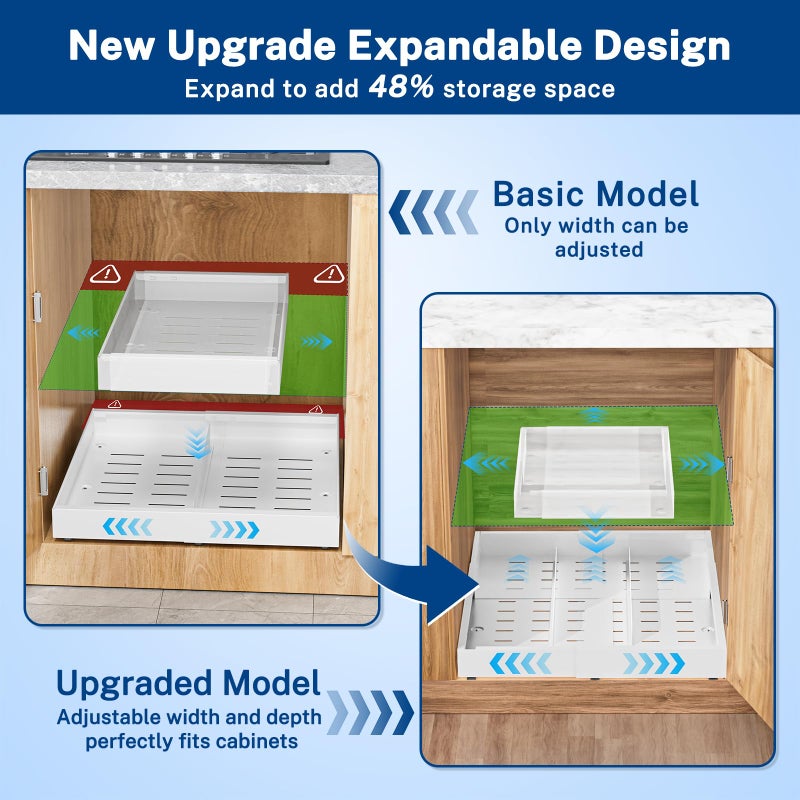 Insputer Pull Out Cabinet Organizer Expandable (12.4"-20.08")W & (16.26"-22.44")D, No Drill Slide Out Drawers with 3 Slide Rails, 2Pcs Magnetic Panel, Adhesive Roll Out Shelf for Kitchen, Pantry White - Image 2