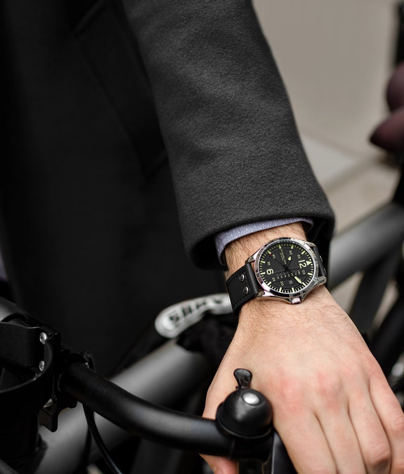 Stuhrling Original Mens Leather Watch -Aviation Watch, Quick-Set Day-Date Leather Band with Steel Rivets, - Image 3