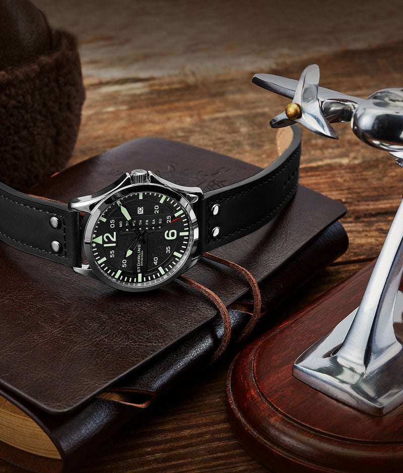 Stuhrling Original Mens Leather Watch -Aviation Watch, Quick-Set Day-Date Leather Band with Steel Rivets, - Image 4