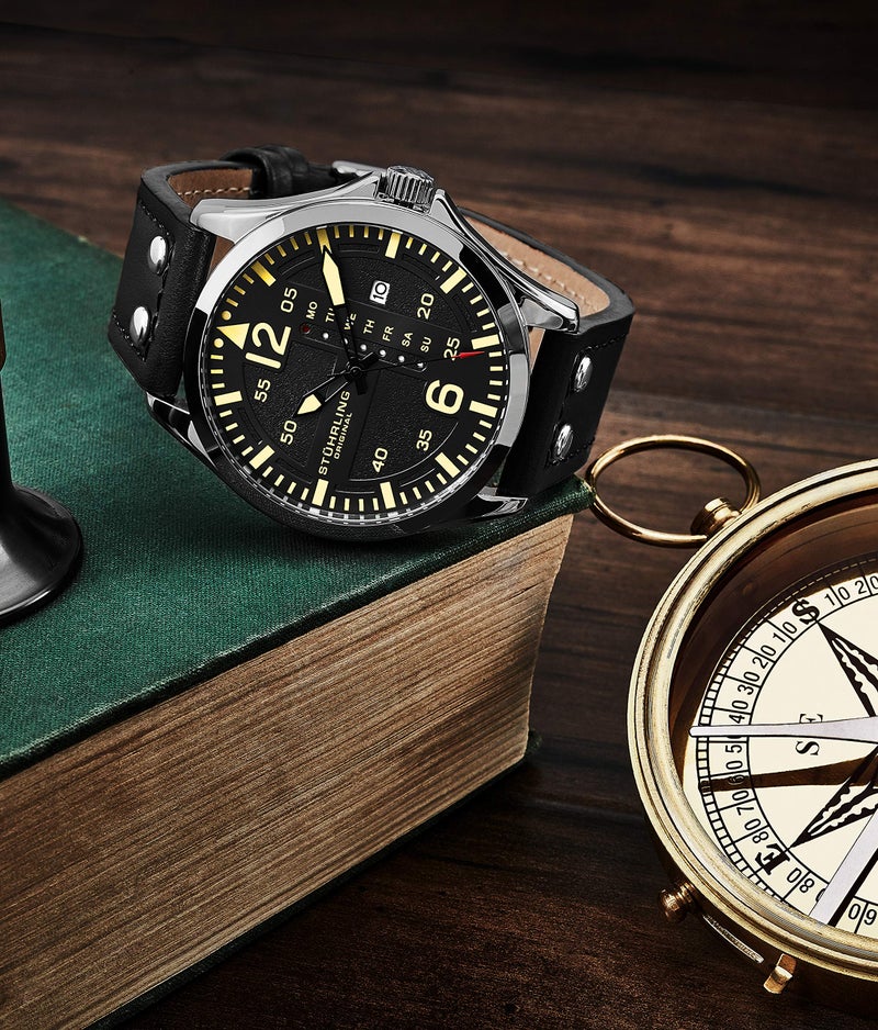 Stuhrling Original Mens Leather Watch -Aviation Watch, Quick-Set Day-Date Leather Band with Steel Rivets, - Image 2